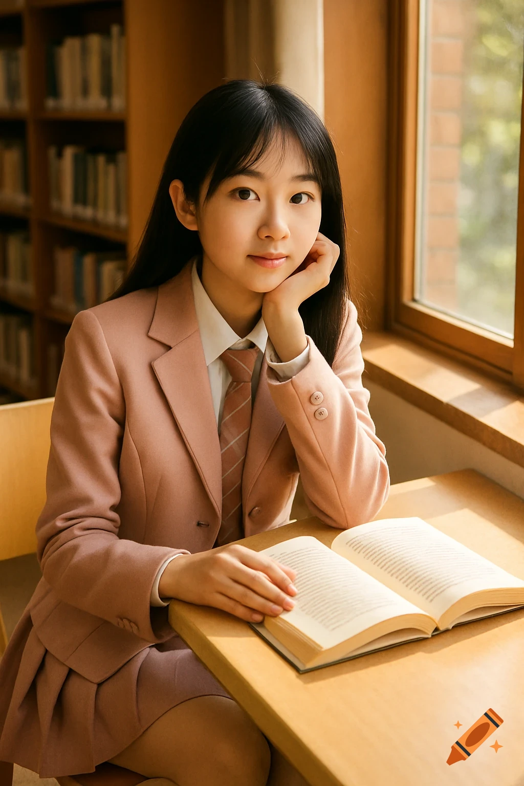 A young woman in a pink suit and tie sits at a desk with an open book in a sunny library, looking at the camera.