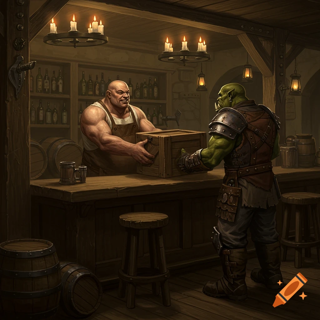 A muscular barmann hands a wooden crate to an armored orc in a dimly lit, rustic fantasy bar, in detailed digital art.