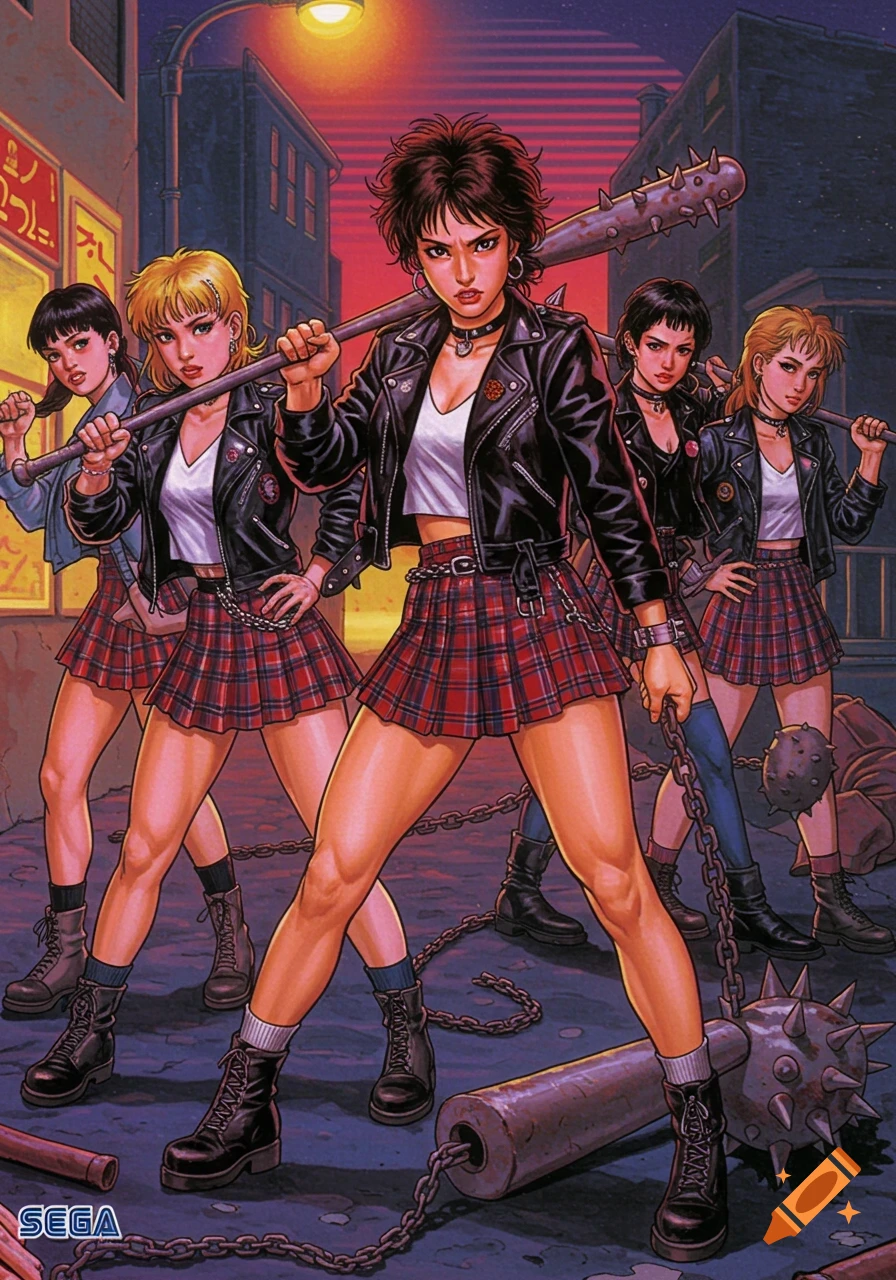 Five fierce sukeban-style women in plaid skirts and leather jackets, holding spiked bats and chains, stand ready in a neon-lit alley in 80s Sega Saturn boxart style.