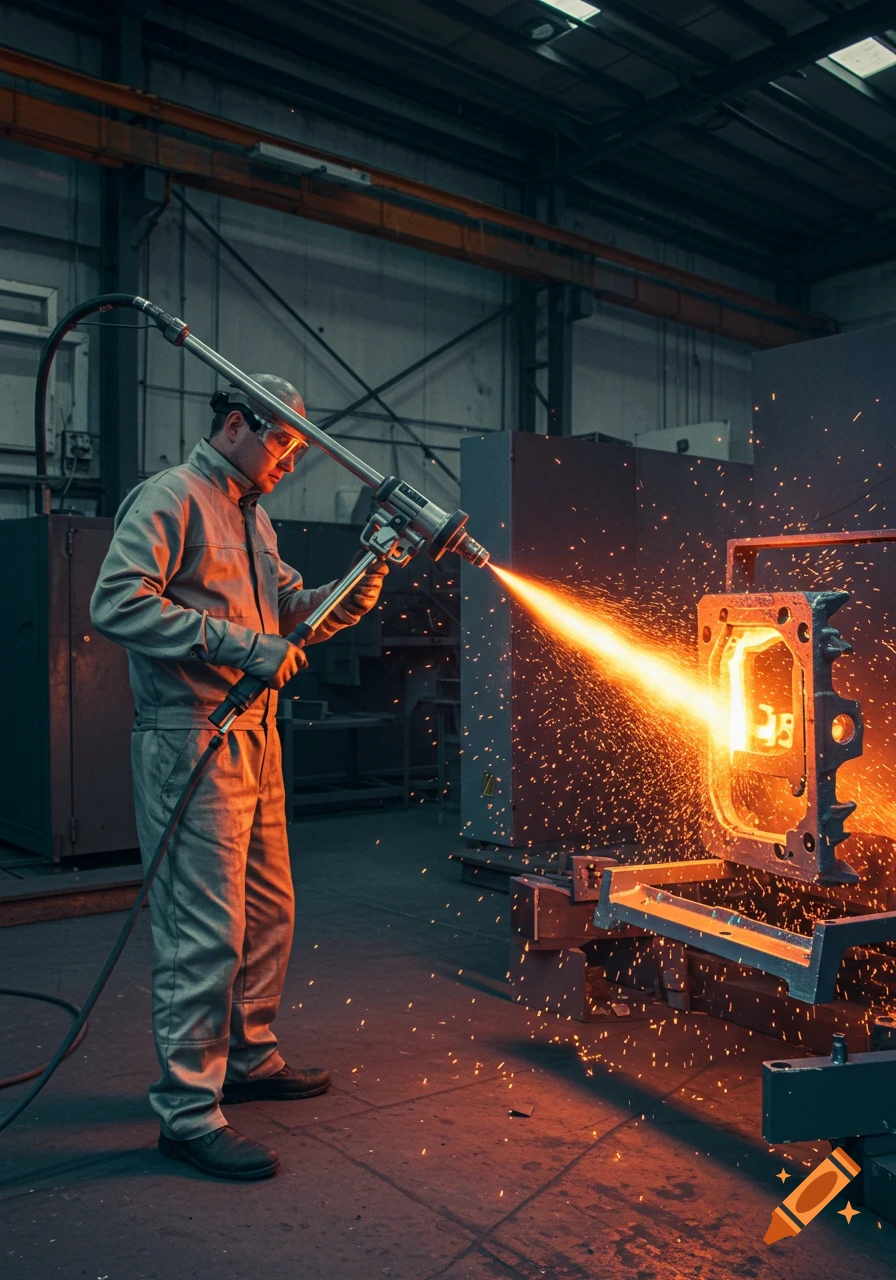 A worker in an industrial setting performs thermal metal spraying on a steel part, generating bright orange sparks from the tool.
