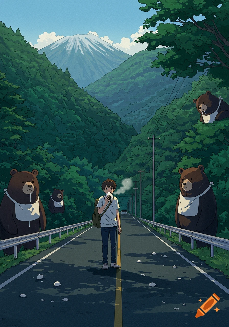 Anime illustration of a young man eating a rice ball on a road, watched by drooling bears in bibs, with a snow-capped mountain.
