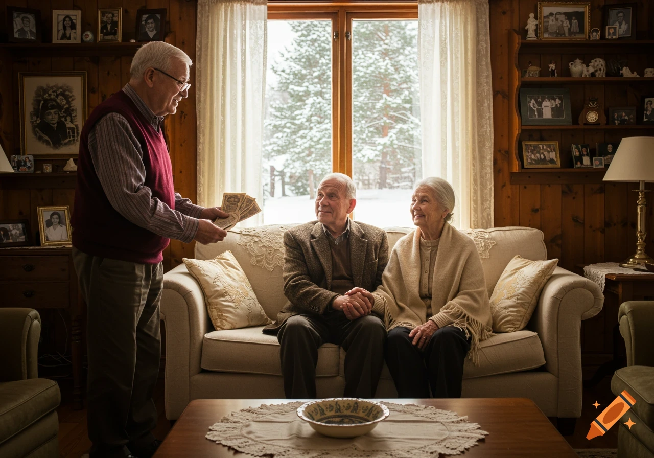 An elderly man hands a stack of money to an elderly couple seated on a couch in a cozy, wood-paneled living room with a snowy winter view outside a large window.