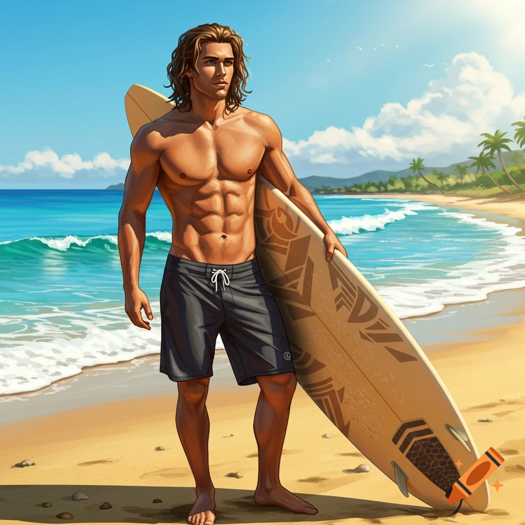 A muscular man with long brown hair stands shirtless on a sandy beach, holding a surfboard with a tropical ocean and palm trees in the background.