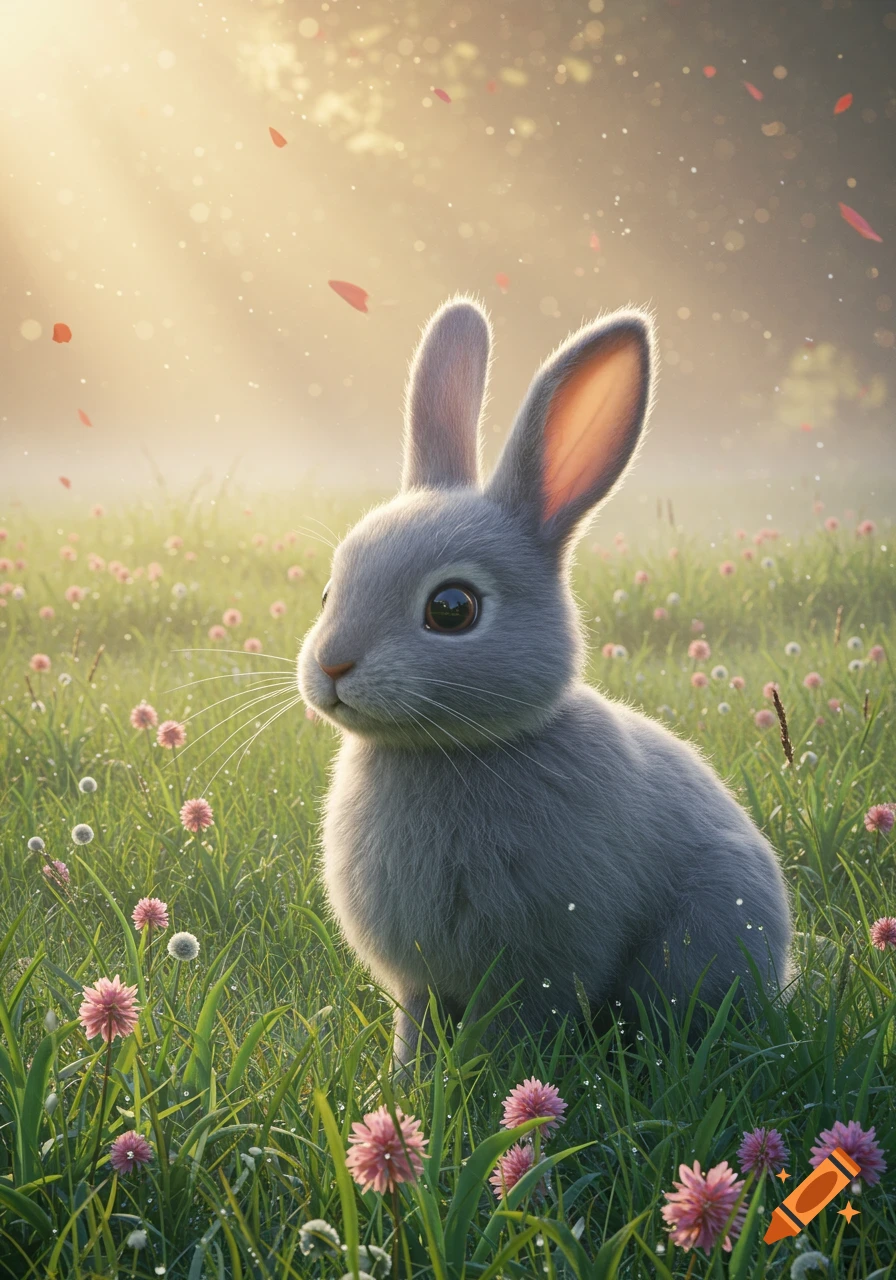 A cute fluffy gray rabbit with big eyes sits in a vibrant green meadow filled with pink flowers and sparkling sunbeams.