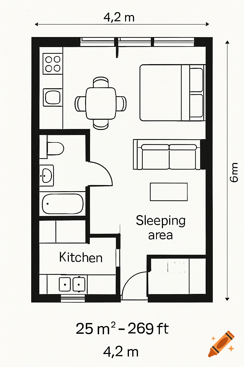 A black and white floor plan of a 25 square meter apartment, showing a kitchen, bathroom, dining area, and sleeping area.