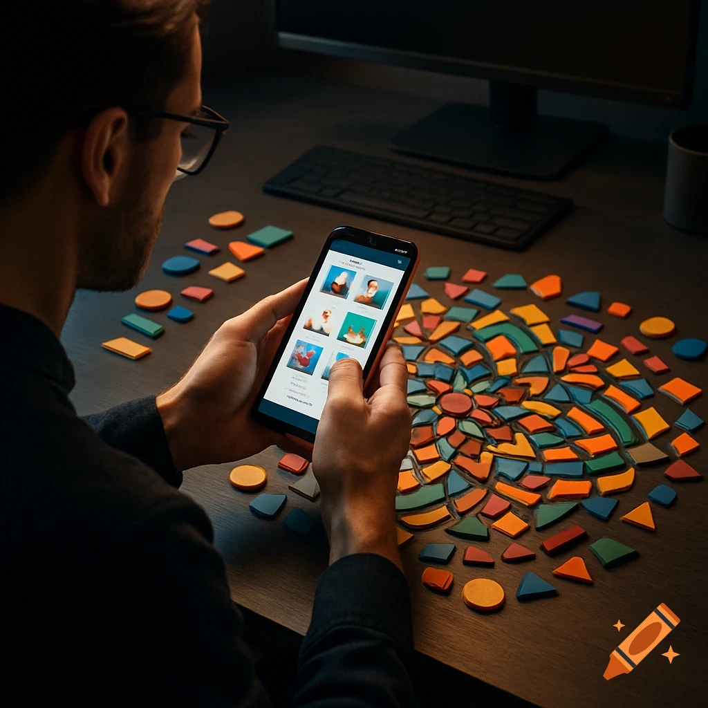 A person wearing glasses views a phone screen, holding it over a desk covered with colorful geometric puzzle pieces forming a radial pattern.