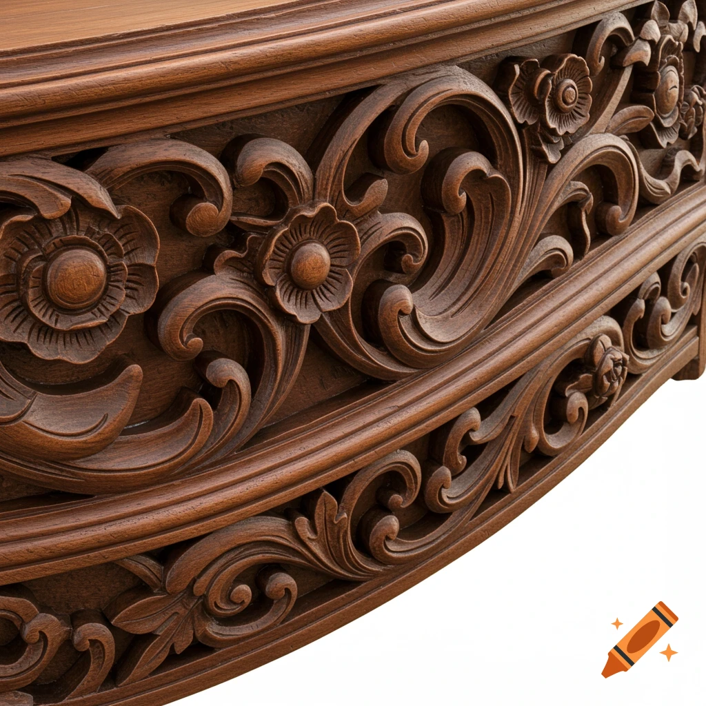 Close-up of intricate, ornate floral and scroll patterns carved into dark brown wood, on a white background.