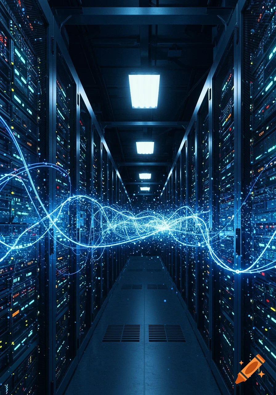 A long corridor in a futuristic data center filled with server racks, glowing with blue lights and swirling blue data streams.