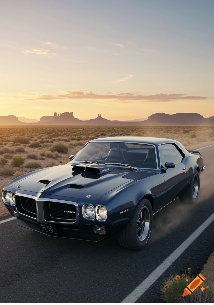 Dark blue 1970 Pontiac Firebird driving on a desert road at sunset with mountains in the background, photorealistic.
