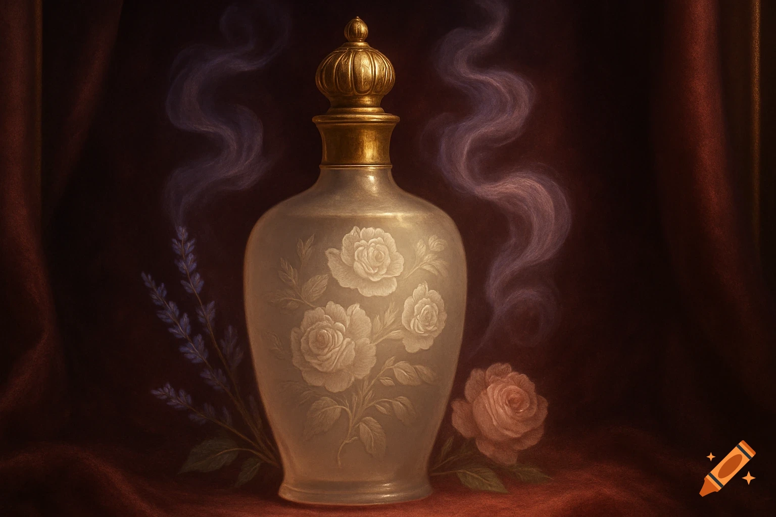 An elegant frosted perfume bottle with white rose engravings and a golden cap, flanked by lavender and a pink rose, with wispy smoke on a dark red fabric background.