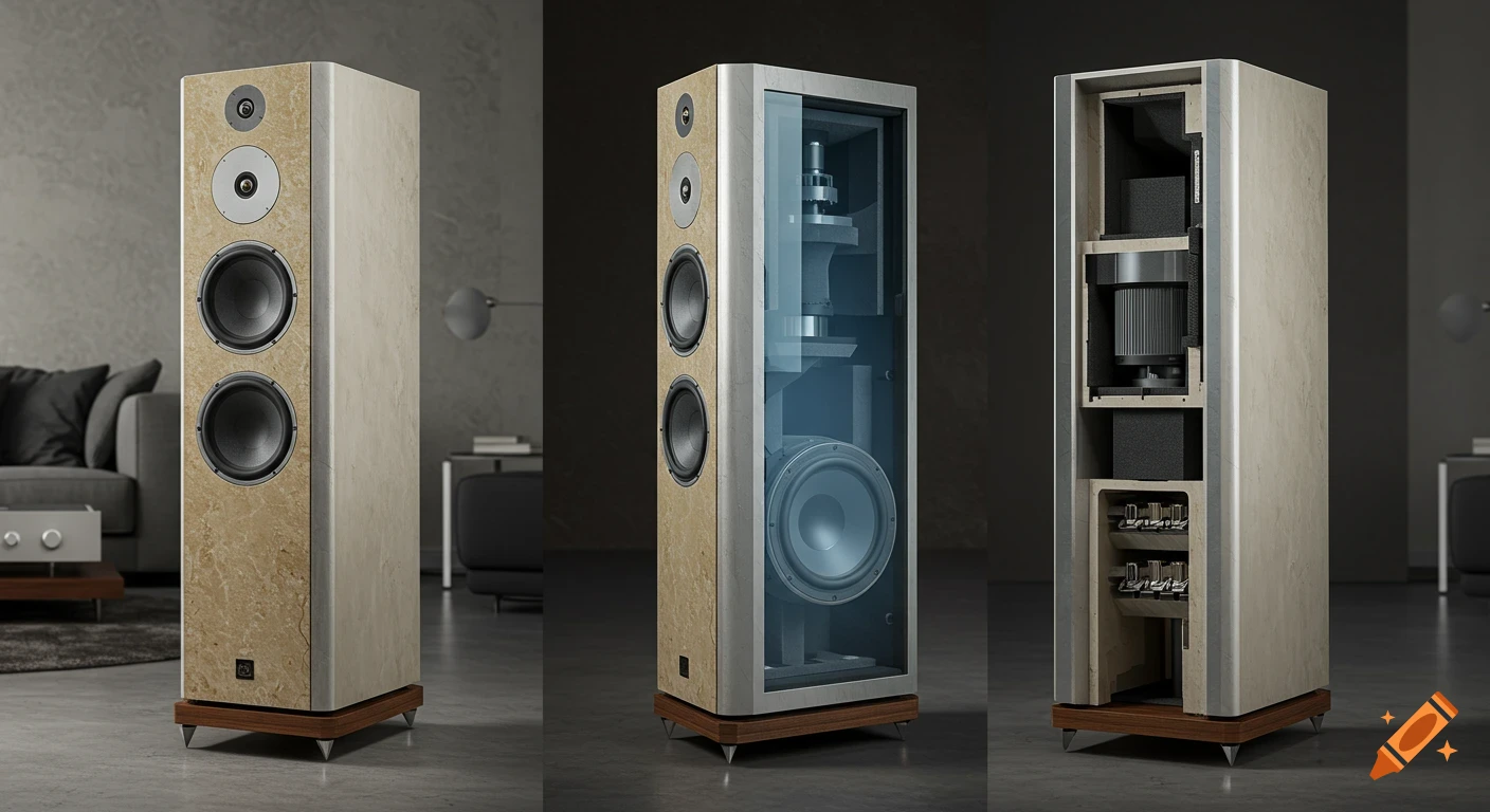 Three views of a modern high-end floorstanding speaker with stone and steel panels: front, transparent, and internal cutaway.