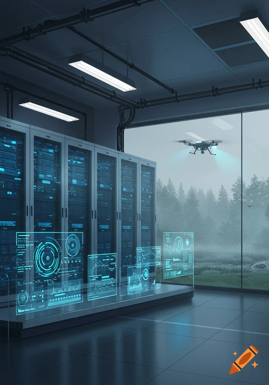 A modern data center interior with rows of server racks, glowing holographic interfaces, and a drone flying outside a large window overlooking a misty forest.