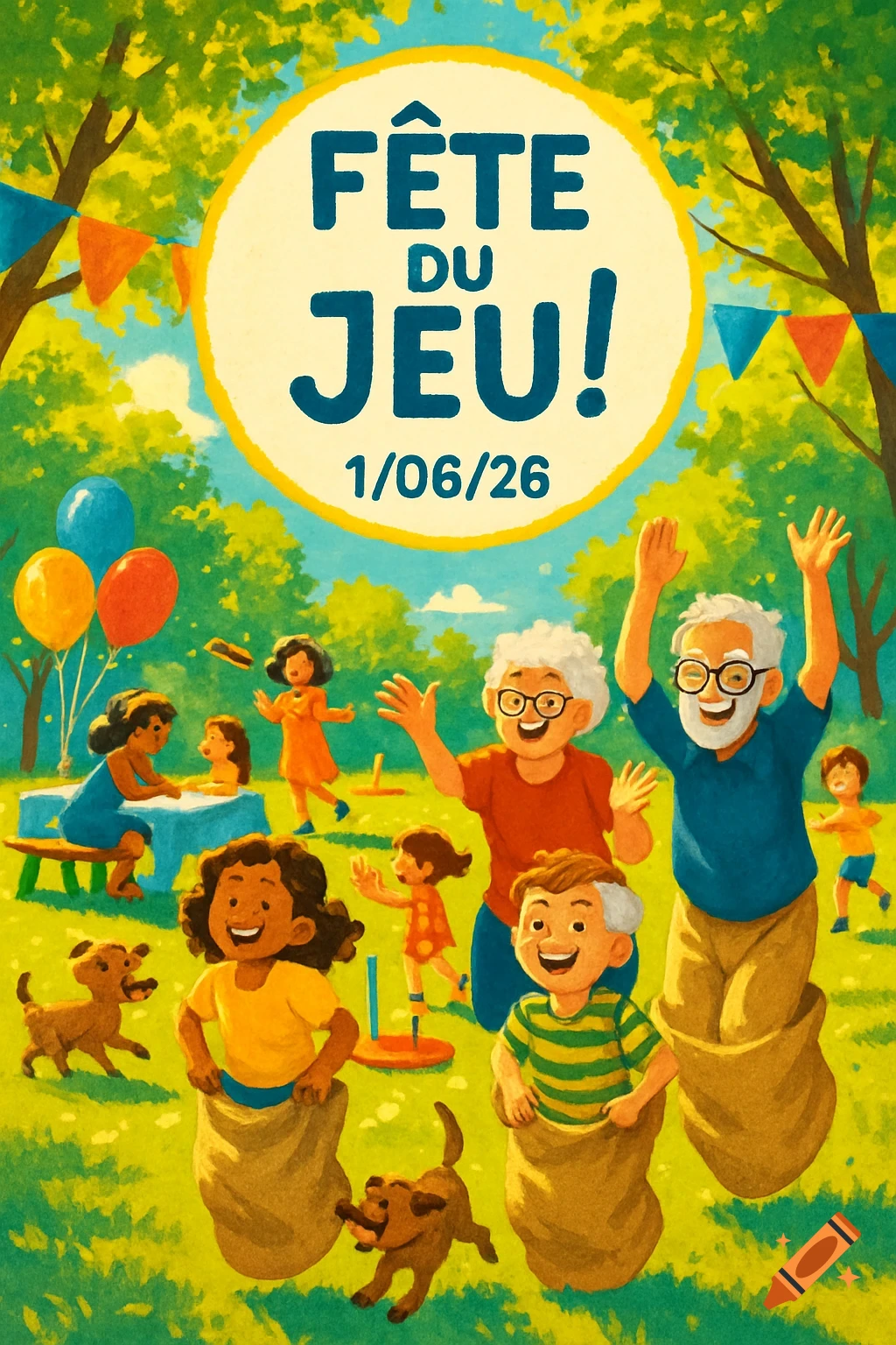 A colorful illustration shows an intergenerational family playing games like sack races in a sunny park. Text says "FÊTE DU JEU! 1/06/26".