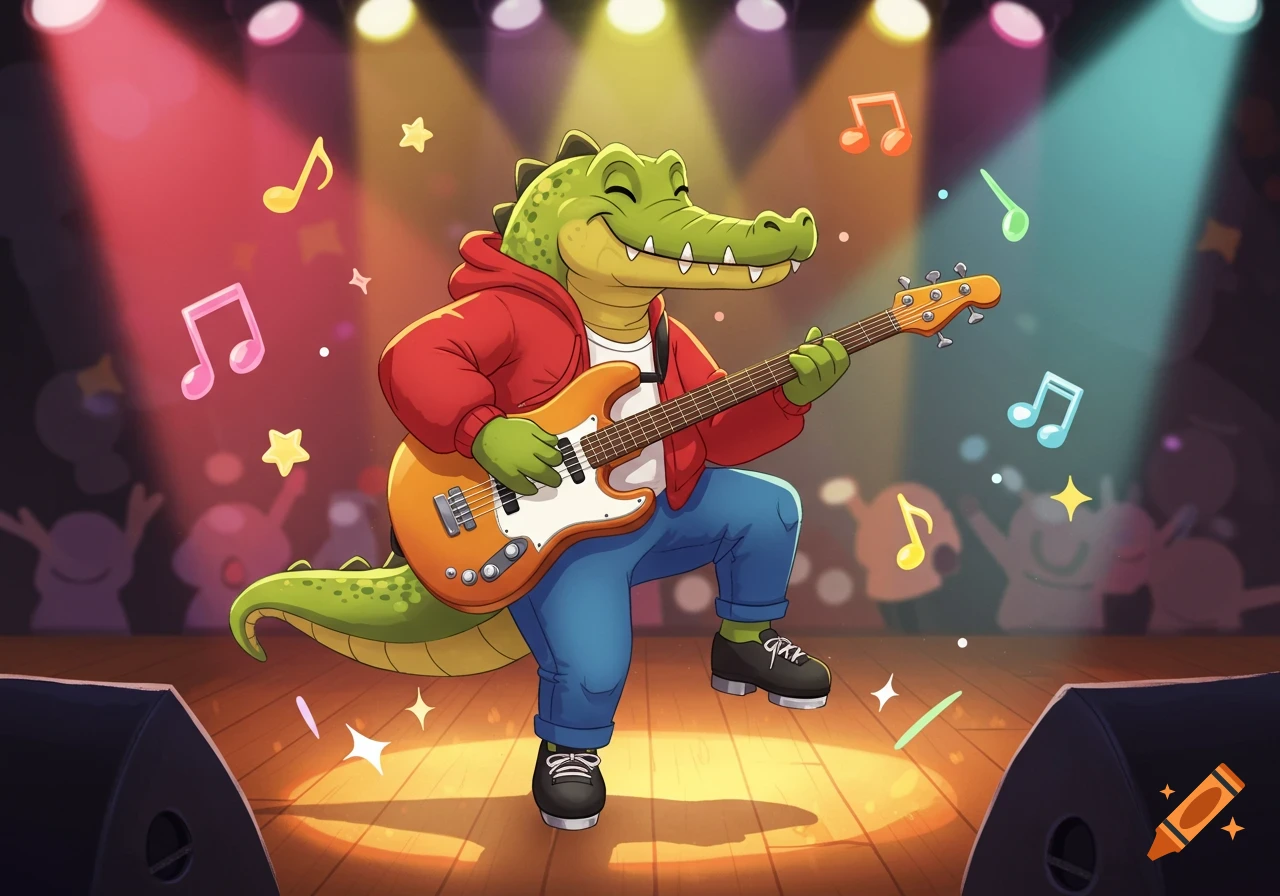 A smiling cartoon alligator in a red hoodie plays an electric bass guitar on a brightly lit stage with musical notes floating around.