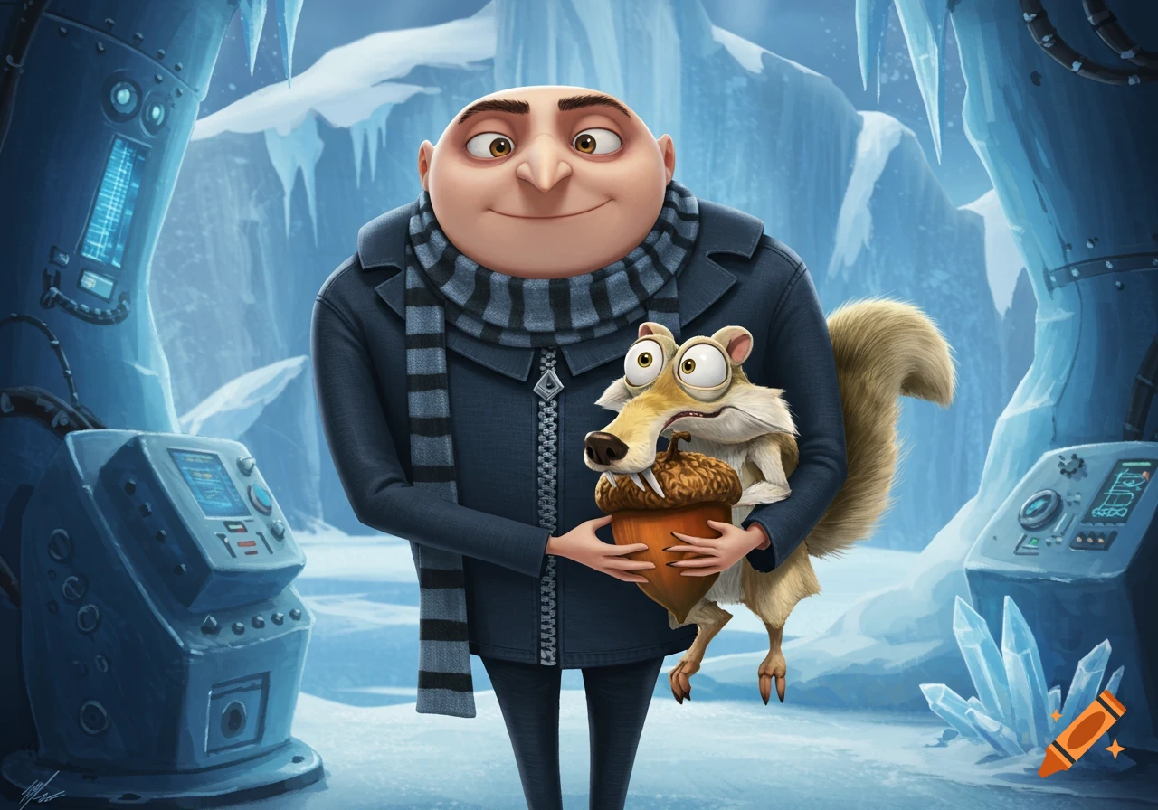 Cartoon character Gru in a blue scarf holds Scrat from Ice Age, who clutches an acorn, in an icy, cave-like lab.