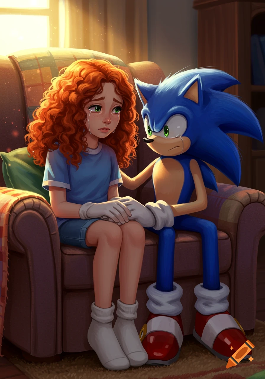A digital illustration of a crying girl with red hair being comforted by a sad Sonic the Hedgehog on a couch.