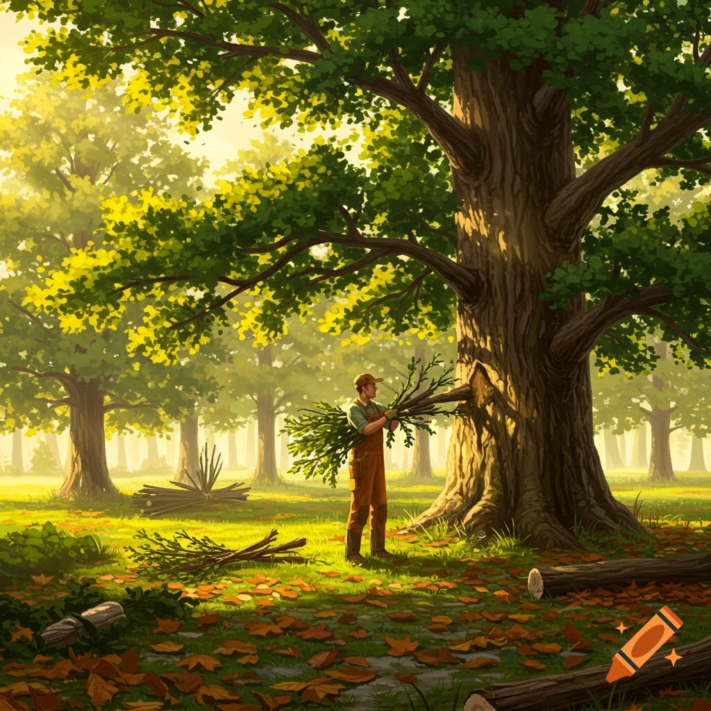 A man in overalls and a cap gathers branches in a sunny forest clearing, with large trees and fallen leaves.