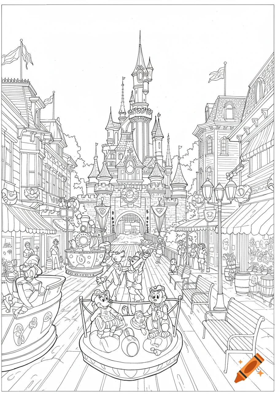 A black and white line art coloring page of a bustling theme park street leading to a grand castle, with cartoon characters on rides.