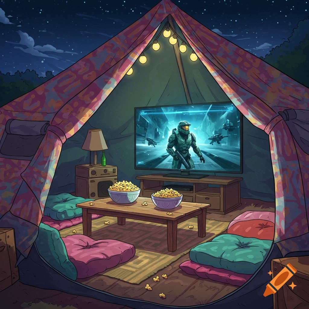 Animated cartoon shows a cozy tent interior at night with string lights, cushions, popcorn, and a TV playing Halo.