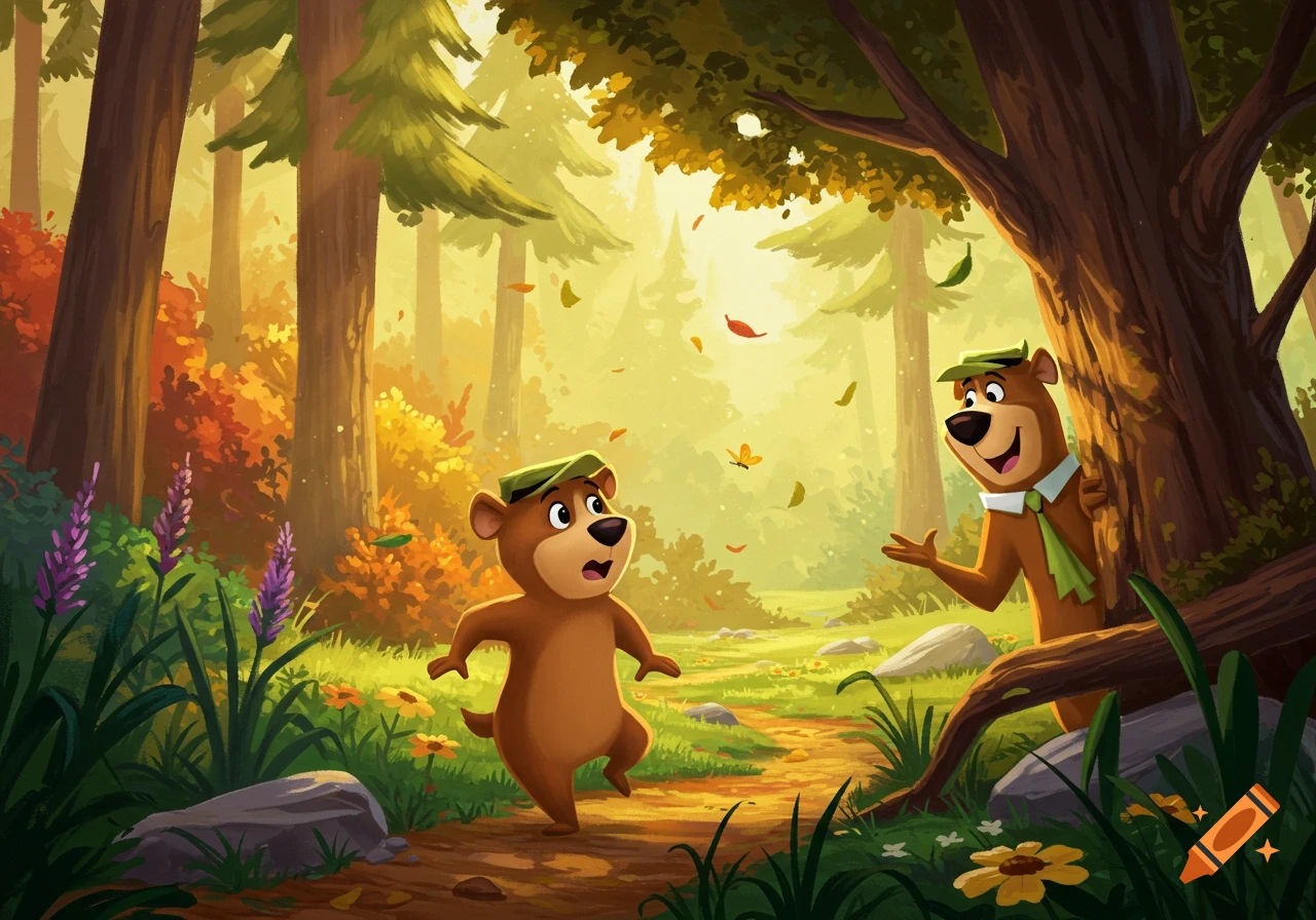 Cartoon of Boo Boo bear running in a sunlit autumn forest while Yogi Bear peeks from behind a tree.