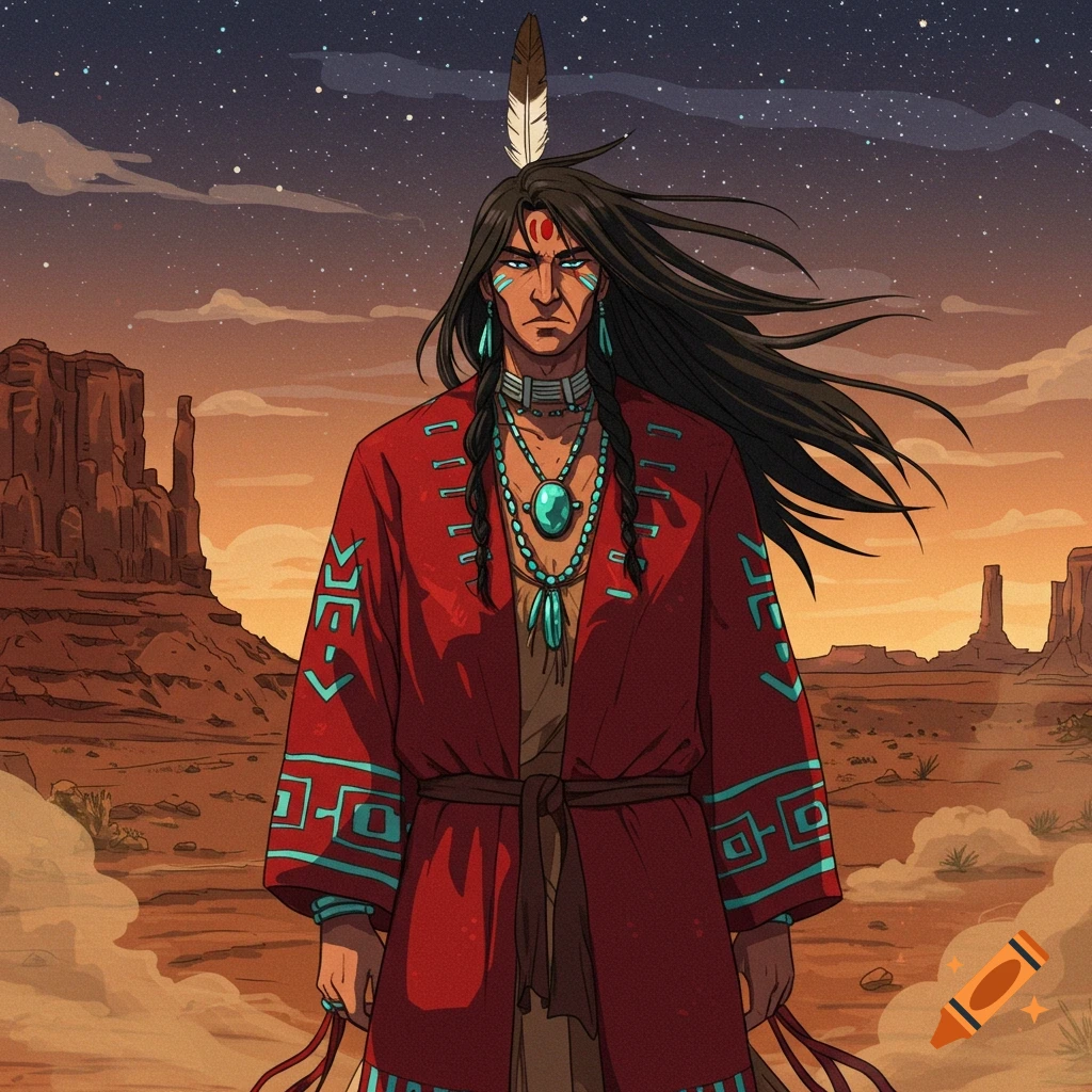 An anime illustration of a Native American man in a red and turquoise robe with face paint and a feather, standing in a desert landscape at dusk.