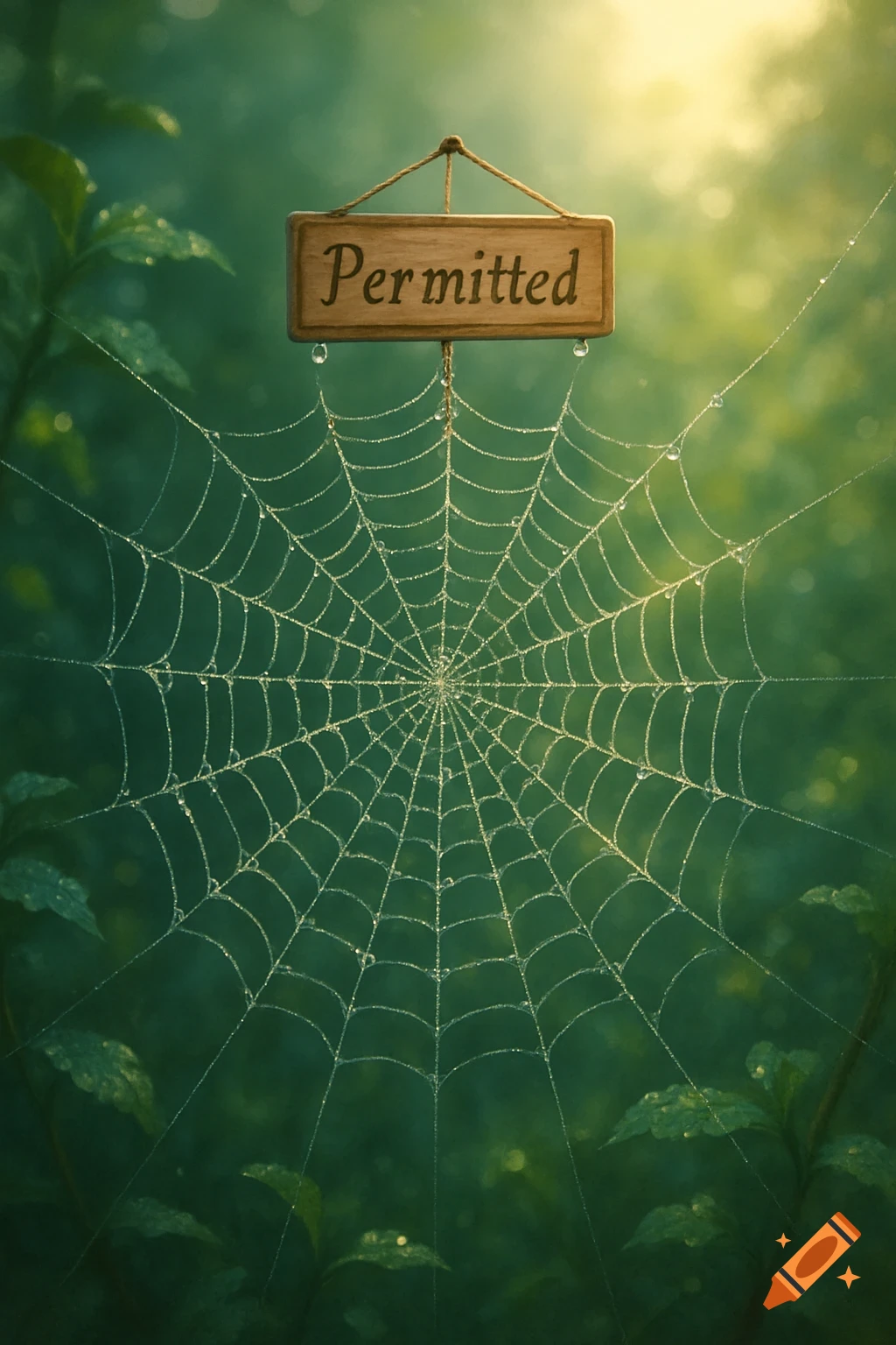 A dewy spiderweb hangs in a forest with a wooden sign above it that reads "Permitted".