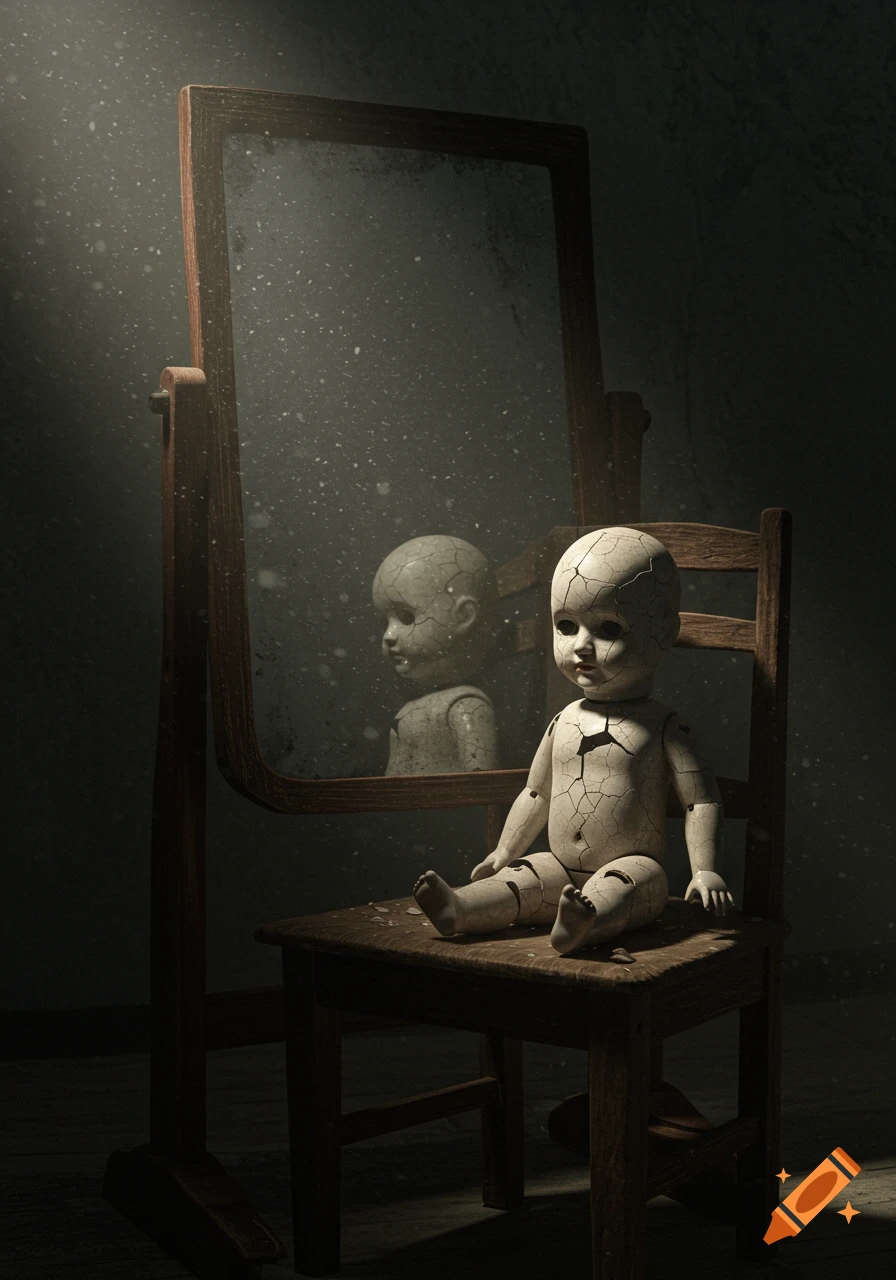 Cracked porcelain doll on a chair reflected in an old mirror in a dark, dusty room, photorealistic style.