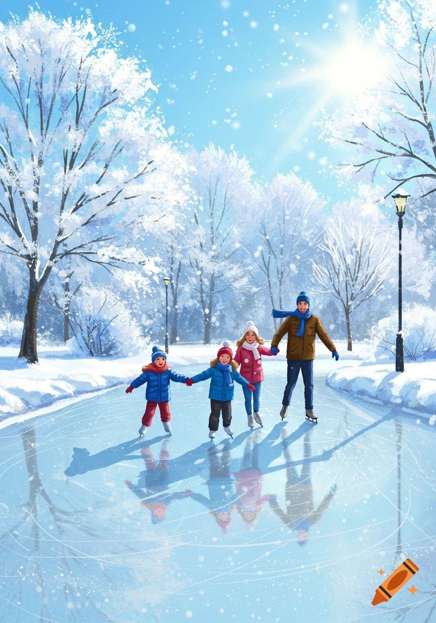 An illustration of a family of four ice skating on a sunny winter day in a snowy park.