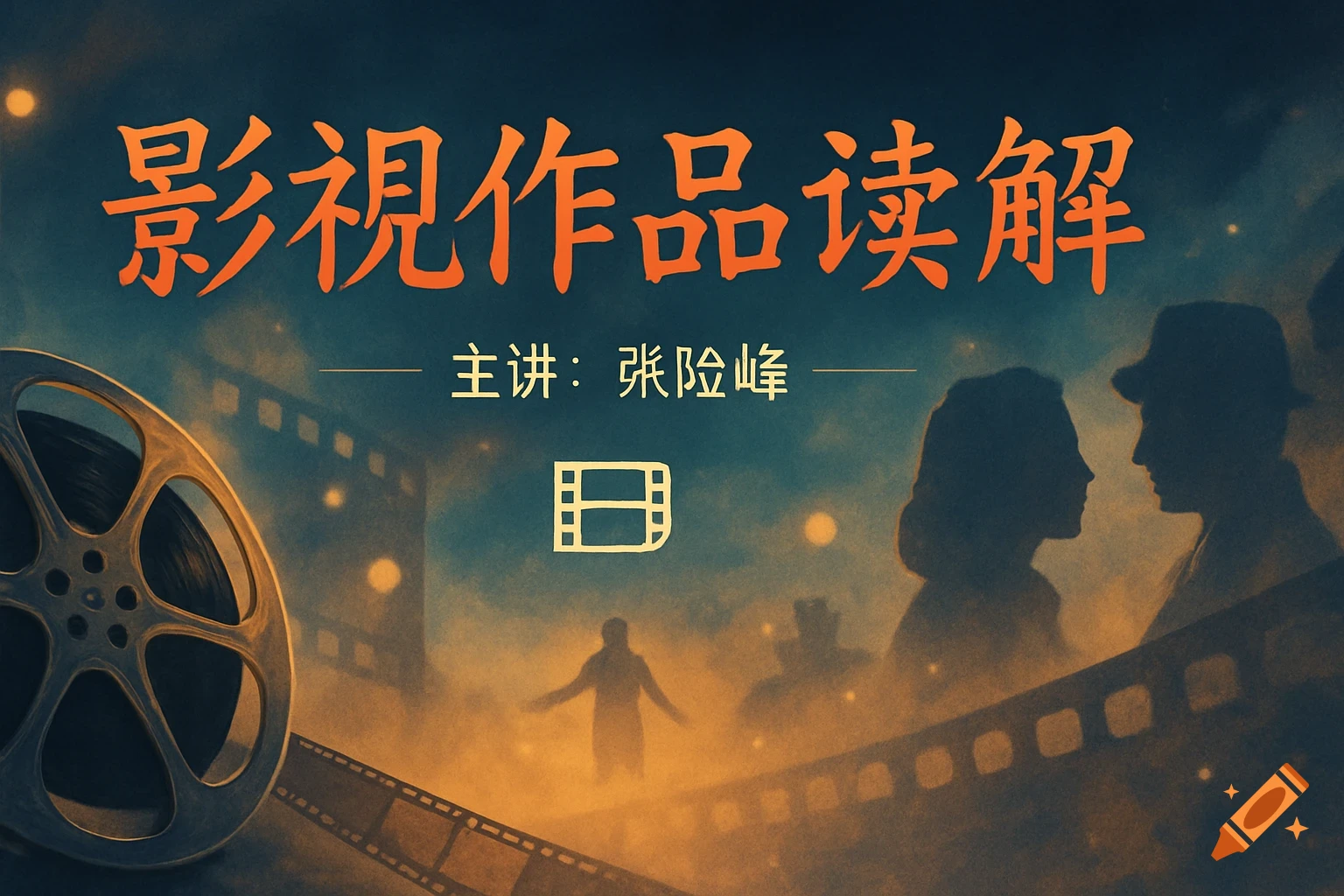 A retro-style poster in orange and teal, featuring a film reel, silhouettes of a couple and a single person, a film strip, and Chinese text.