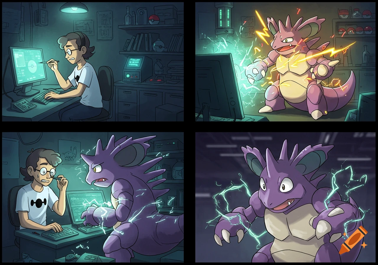 A 4-panel comic shows a man using a computer and a machine, then transforming into a Nidoking with electric effects.