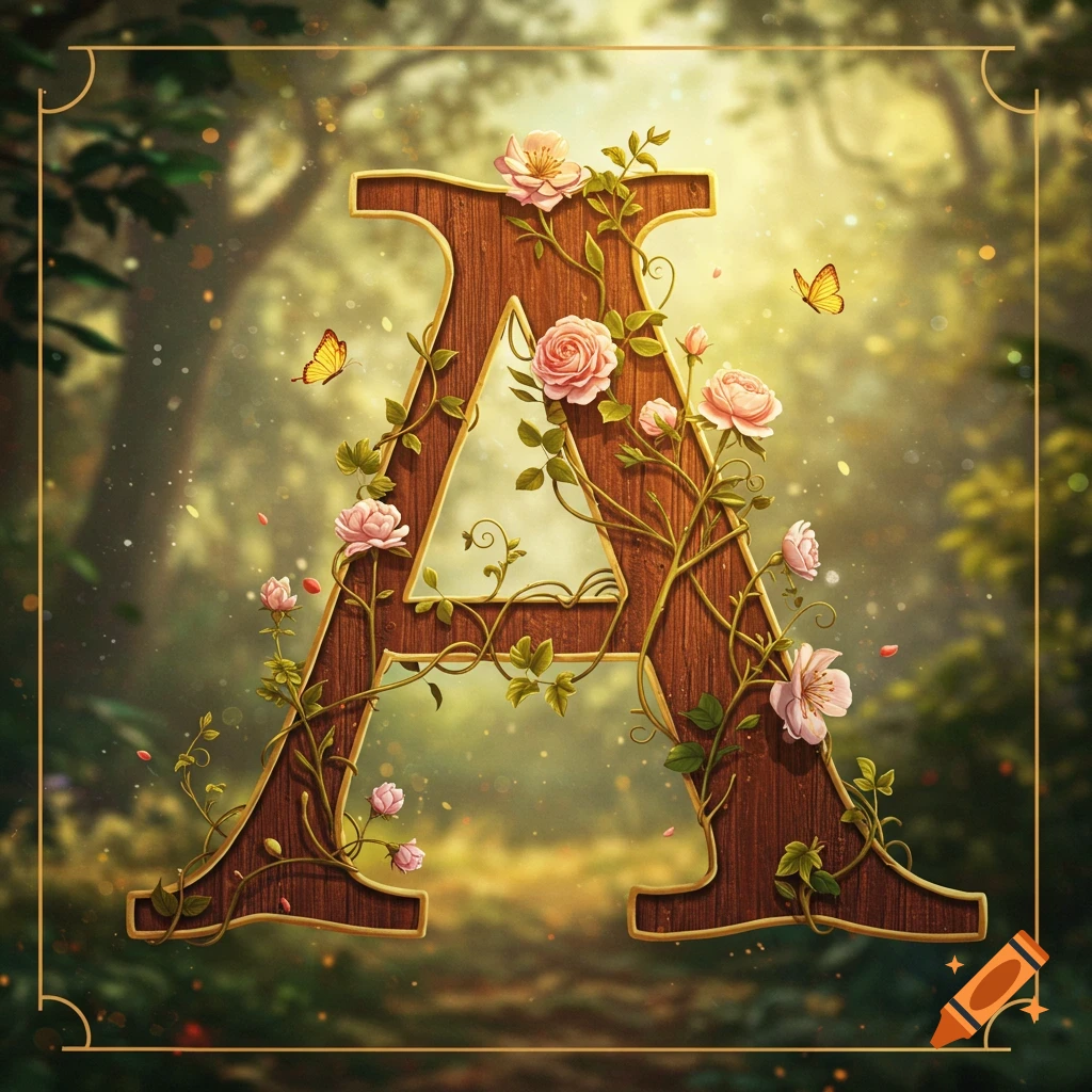 A decorative wooden letter 'A' entwined with pink roses and green vines, with two butterflies, set in a magical sunlit forest.