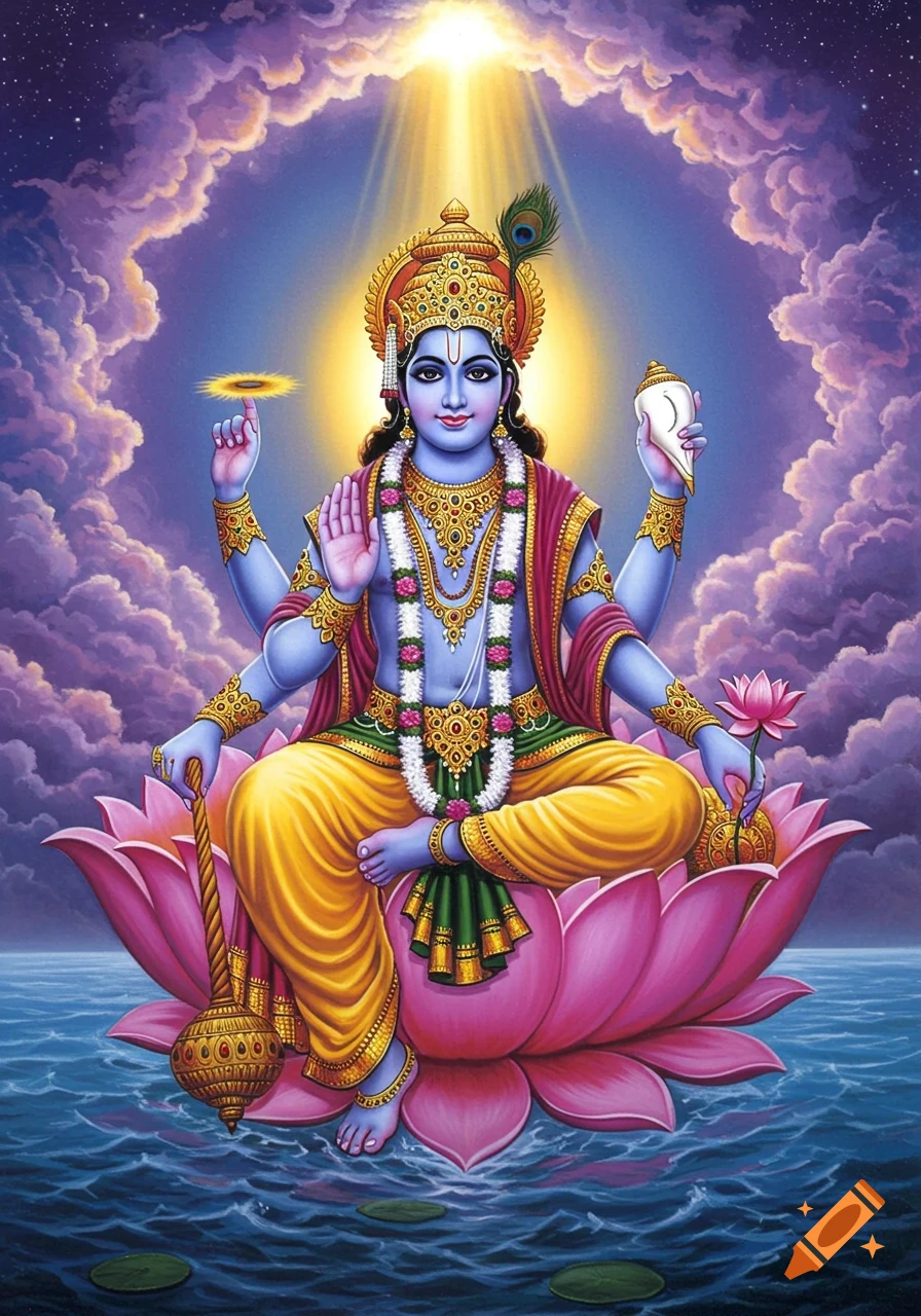 Blue-skinned Vishnu with four arms, adorned in gold, sits on a pink lotus in water under a bright sky.