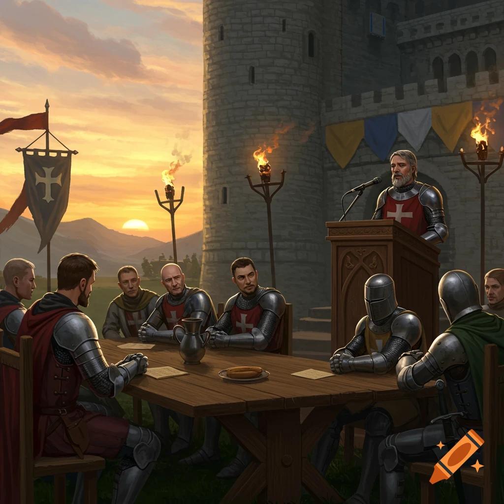 Knights in full armor sit at a wooden table in front of a stone castle at sunset, while one knight speaks from a podium.