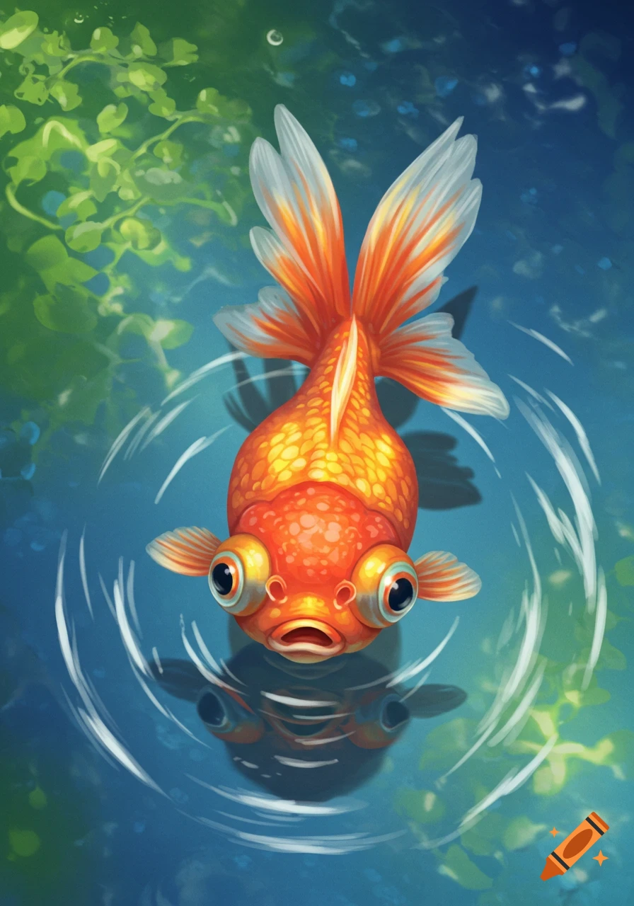 A stylized, big-eyed orange goldfish with large, flowing fins swims in blue water, creating ripples, with green aquatic plants visible.