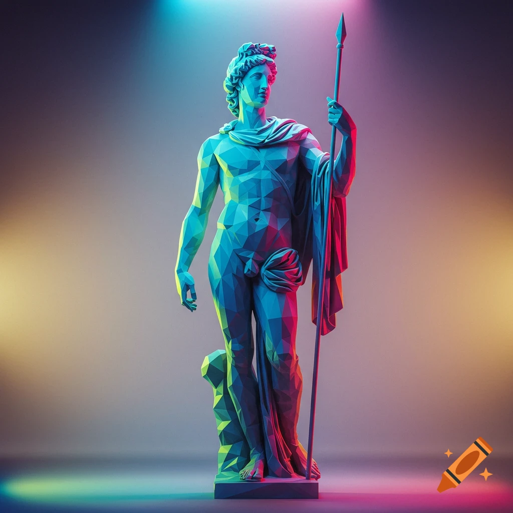A low-poly geometric statue of a classical male figure, lit with vibrant cyan, magenta, and yellow lights, holding a spear.