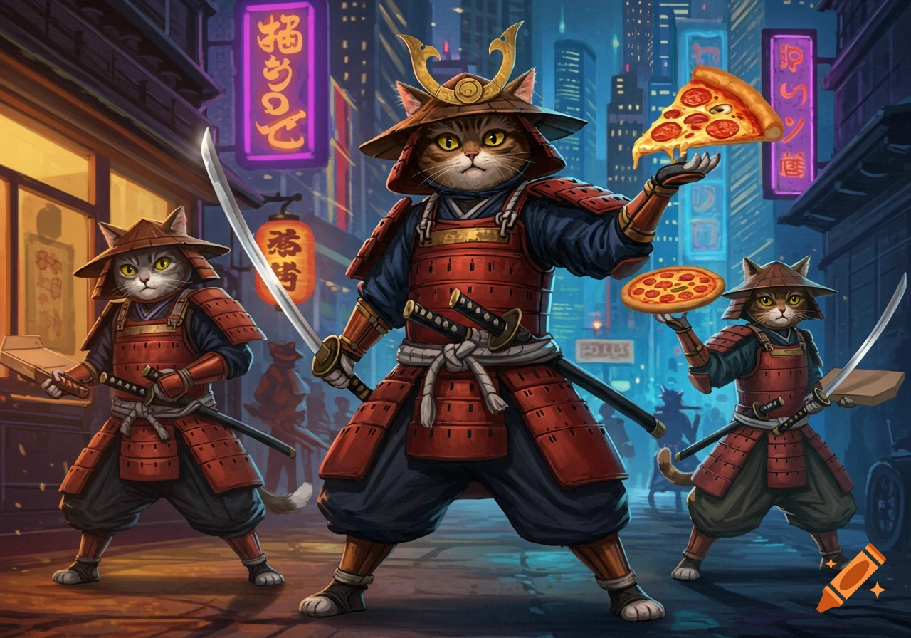 Three anthropomorphic samurai cats stand on a nighttime city street, holding katanas and pizza slices. Neon signs glow in the background.