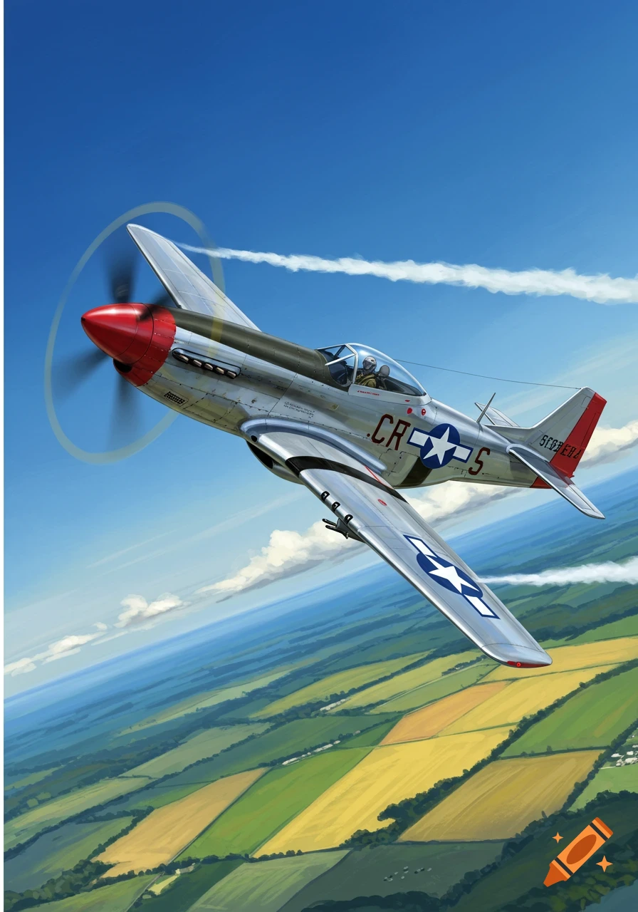 A silver P-51 Mustang aircraft with a red nose flies over green and yellow fields under a blue sky.