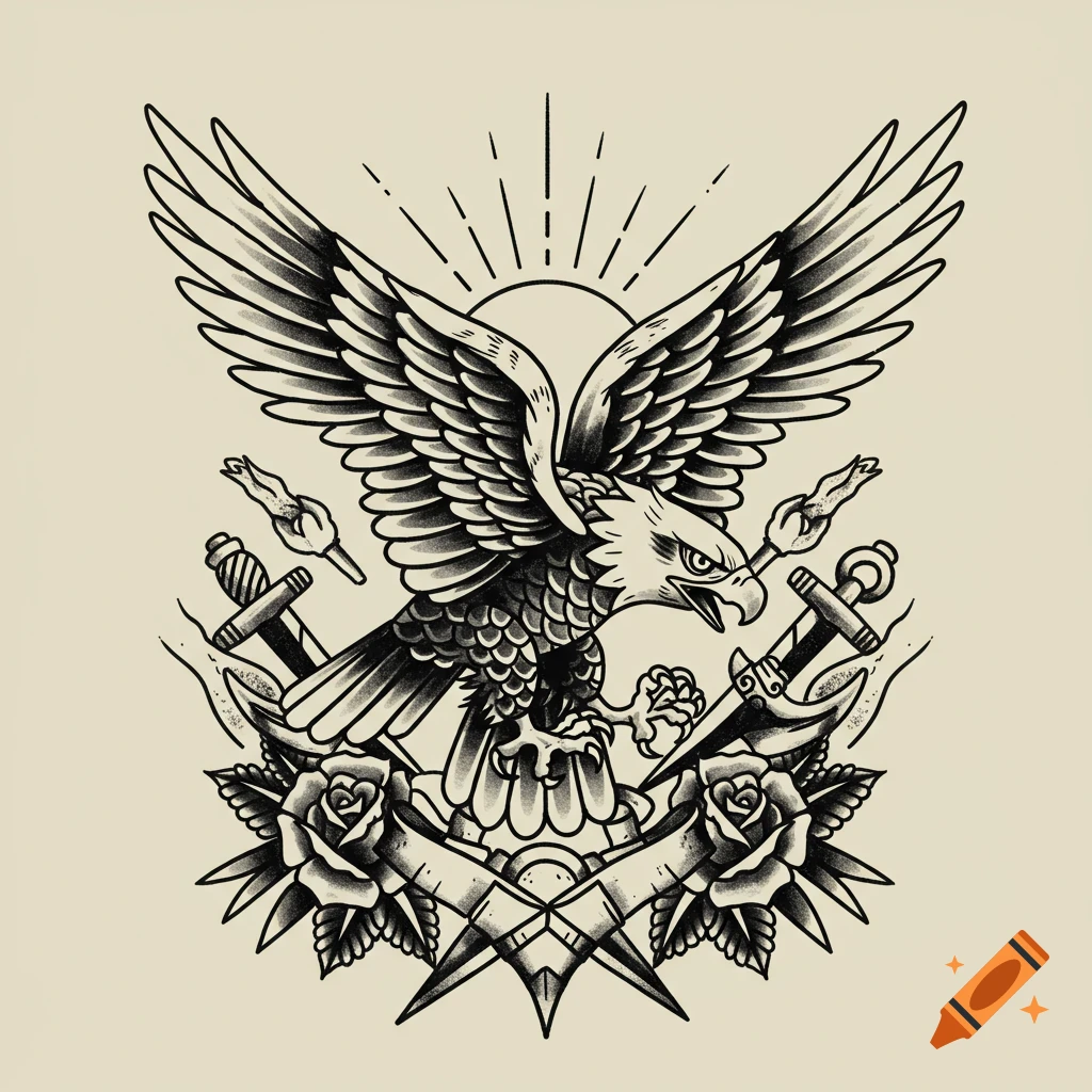Black and grey old school tattoo design featuring an eagle with spread wings, holding daggers and anchors, flanked by roses and a banner.
