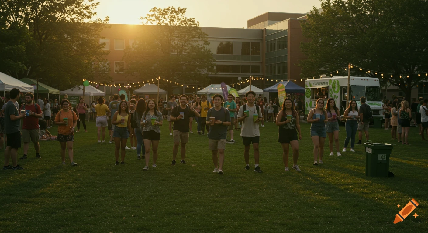 A lively student festival on a green campus field at golden hour, with diverse students, food trucks, and string lights overhead.