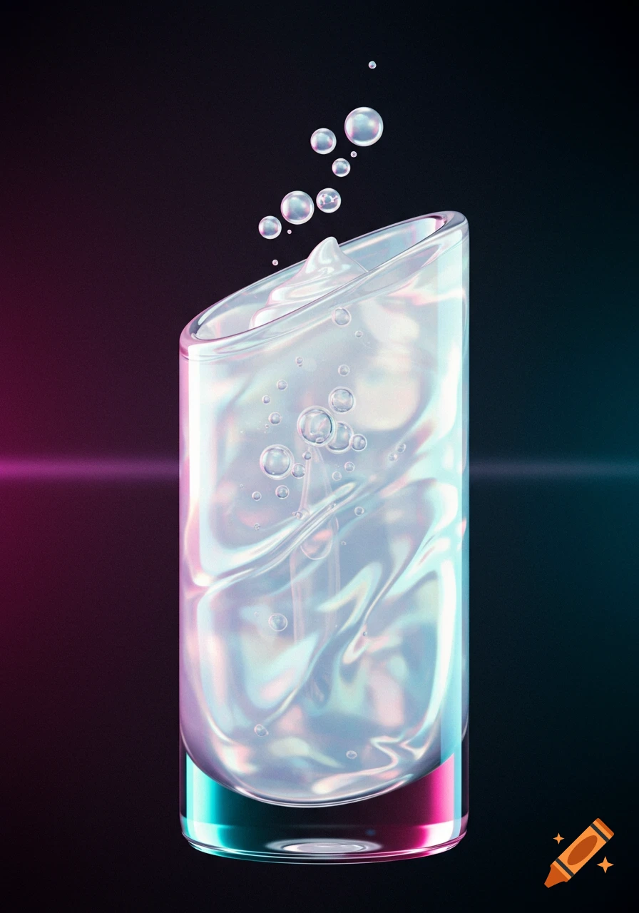 A stylized glass containing a clear, iridescent liquid with bubbles, against a dark background with pink and blue light.