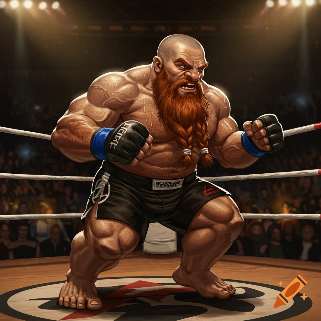 A muscular, bald dwarf with a braided red beard, wearing MMA gloves and shorts, in a fighting stance in a boxing ring. Digital art.