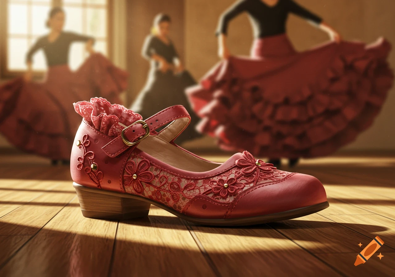 A detailed red flamenco shoe with lace floral patterns and golden studs rests on a wooden floor, with blurred dancers in red dresses in the background.