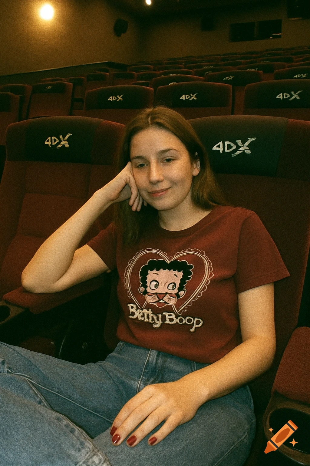 Young woman in a Betty Boop t-shirt and jeans smiles while relaxing in a dimly lit 4DX cinema seat.