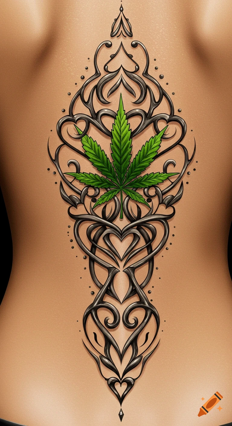 A spine tattoo featuring a green cannabis leaf at its center, surrounded by intricate black tribal and heart-shaped patterns on a person's back.