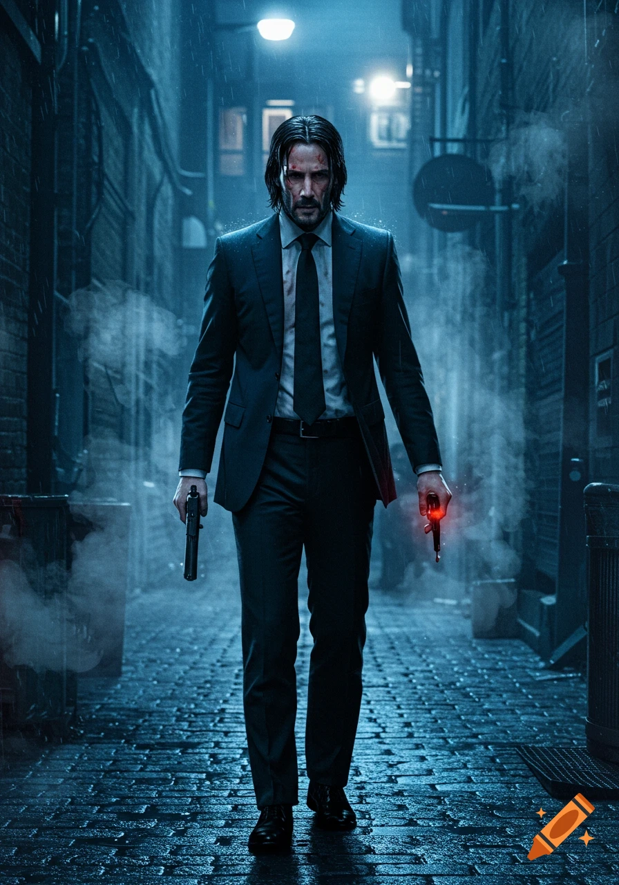Photorealistic John Wick walks forward in a dark, rainy alley, holding a pistol and a glowing red marker.