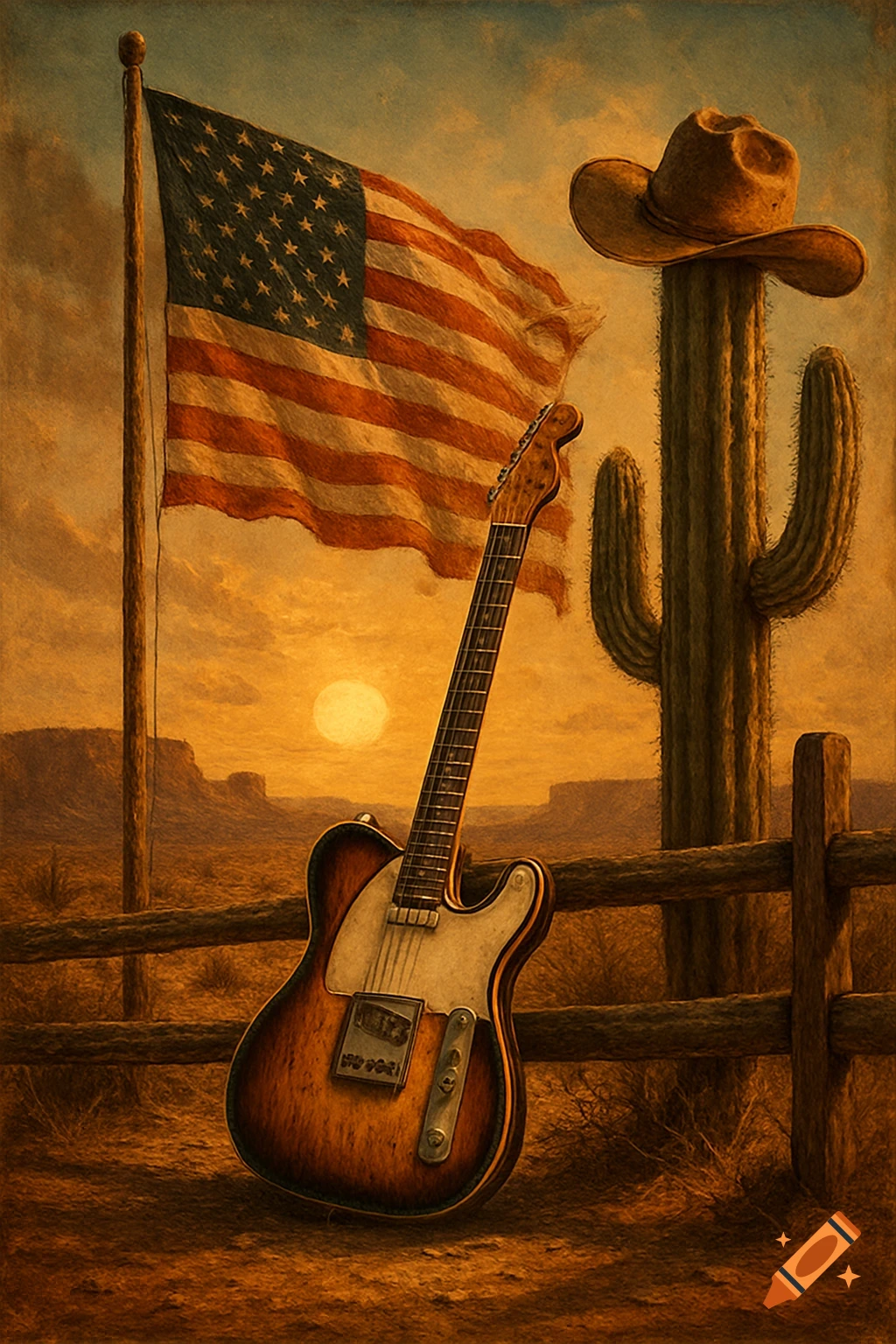 Painterly desert sunset with an American flag, electric guitar, cowboy hat on a cactus, and wooden fence.