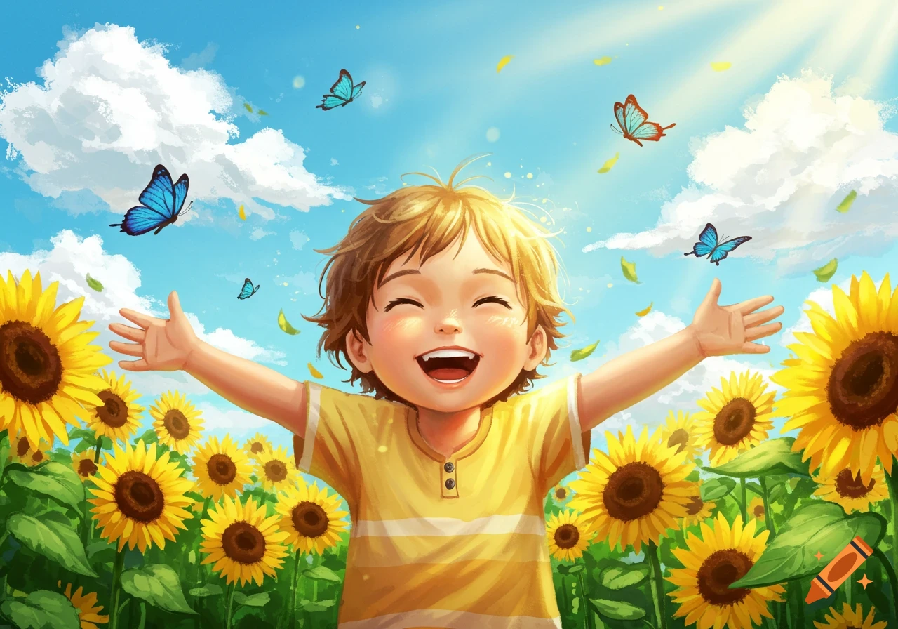 A joyful child with arms wide open, laughing in a sunlit field of sunflowers with butterflies flying under a blue sky.