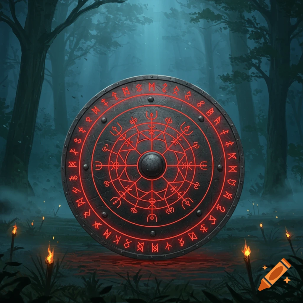 A dark magic shield with glowing red runes stands in a mystical, foggy forest with glowing torches.