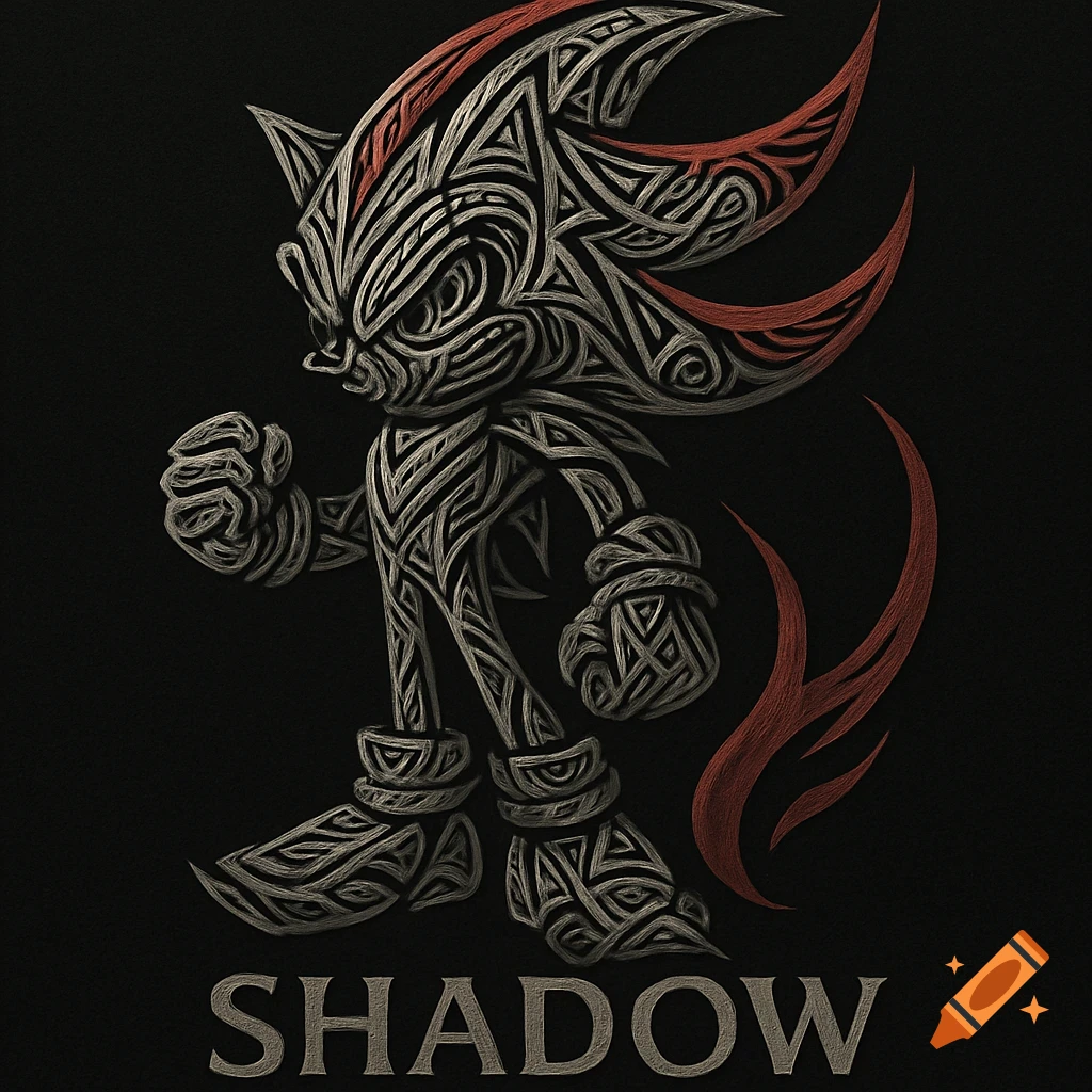 Shadow The Hedgehog in an intricate black and white neotribal tattoo style with red accents, 'SHADOW' text below.