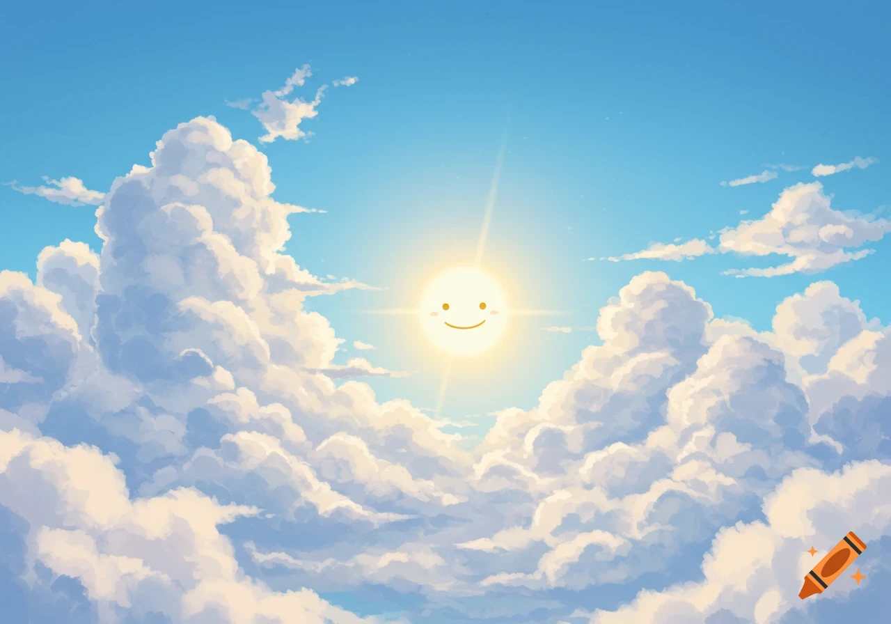 Bright blue sky filled with fluffy white clouds, with a radiant sun featuring a simple smiling face, in an illustration style.